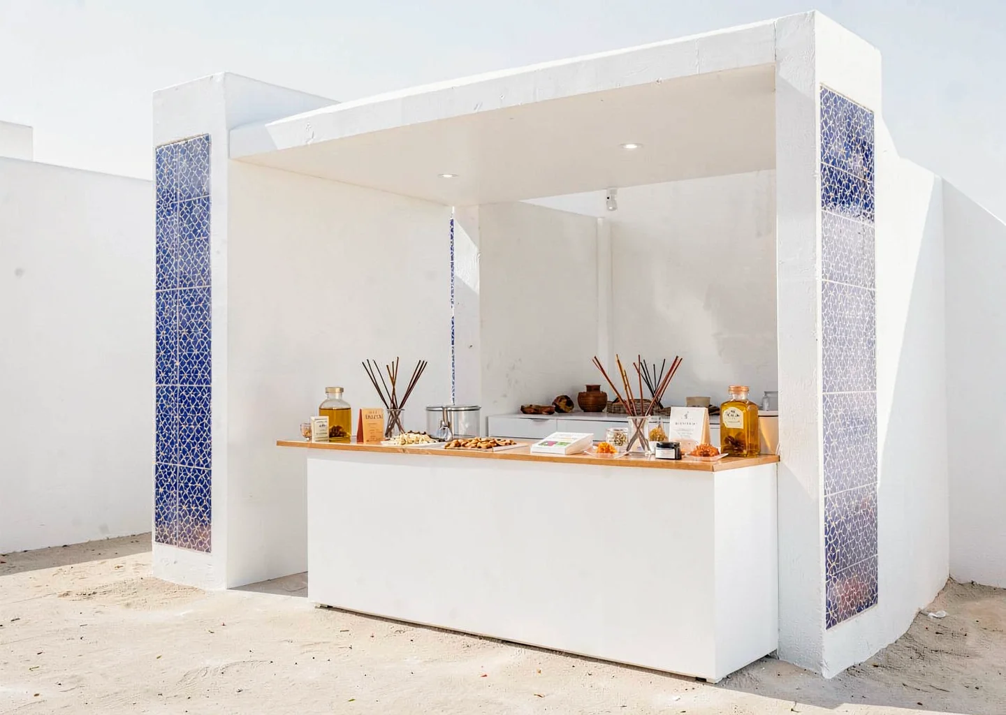 Extreme minimalist restraint of Muscat, Oman, incense market stall, white packag
