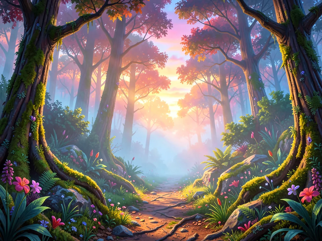 A breathtaking surreal landscape, dreamlike atmosphere,. misty forest trail at d