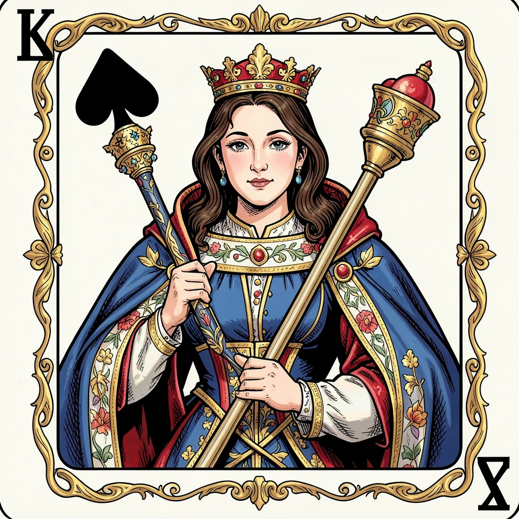 Playing card face illustration, Queen of Spades, elegant queen holding scepter ,