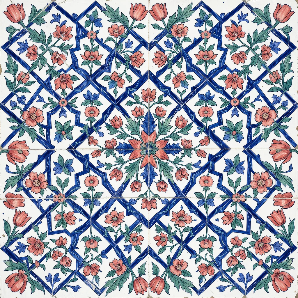 Repeating interlocking star and cross pattern with floral fill in each star