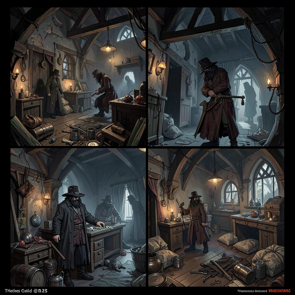 Video game concept art illustration, a thieves guild hideout, shadowy figures an