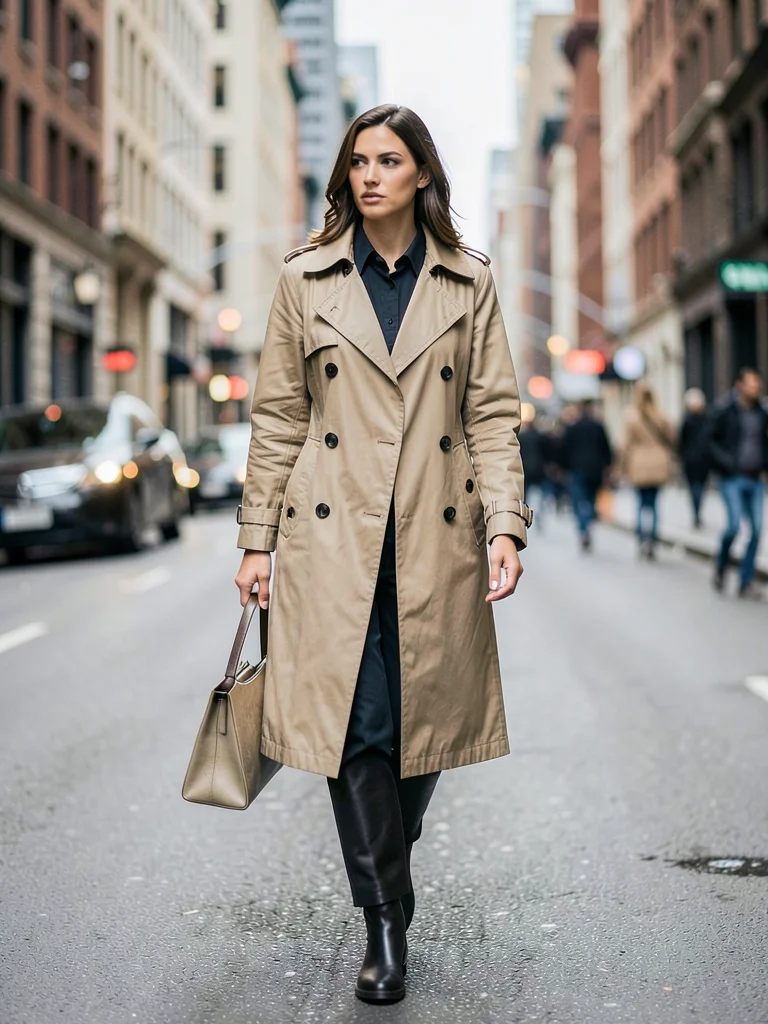 Fashion model in trench coat walking urban street
