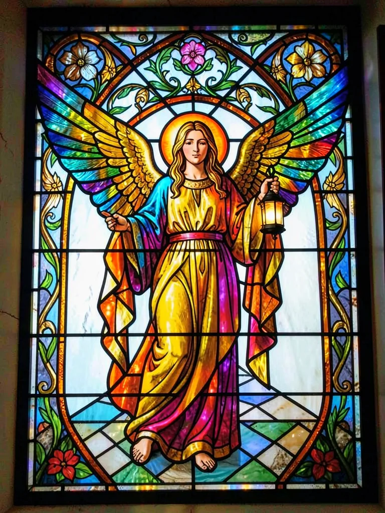 Angel with lantern stained glass