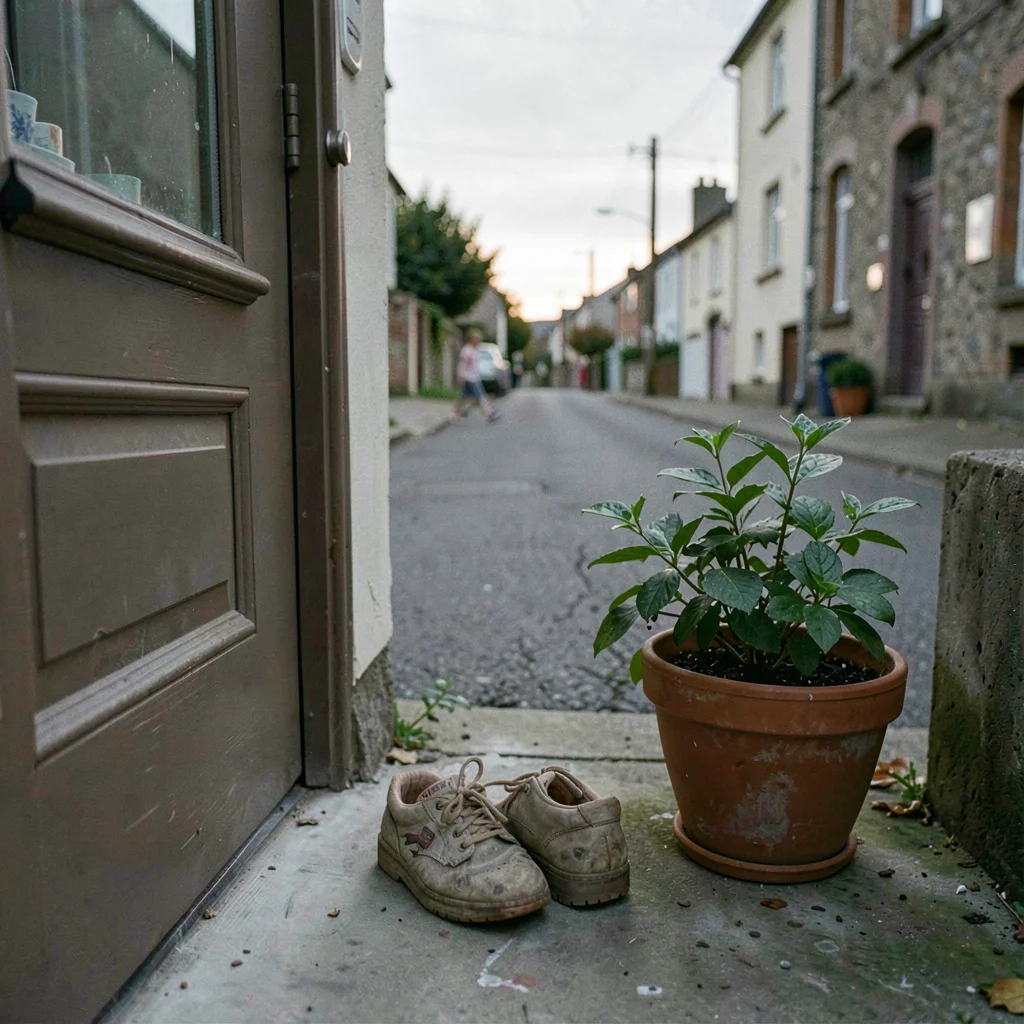 Quiet small town photography, contemplative scene, A child shoes left on a doors