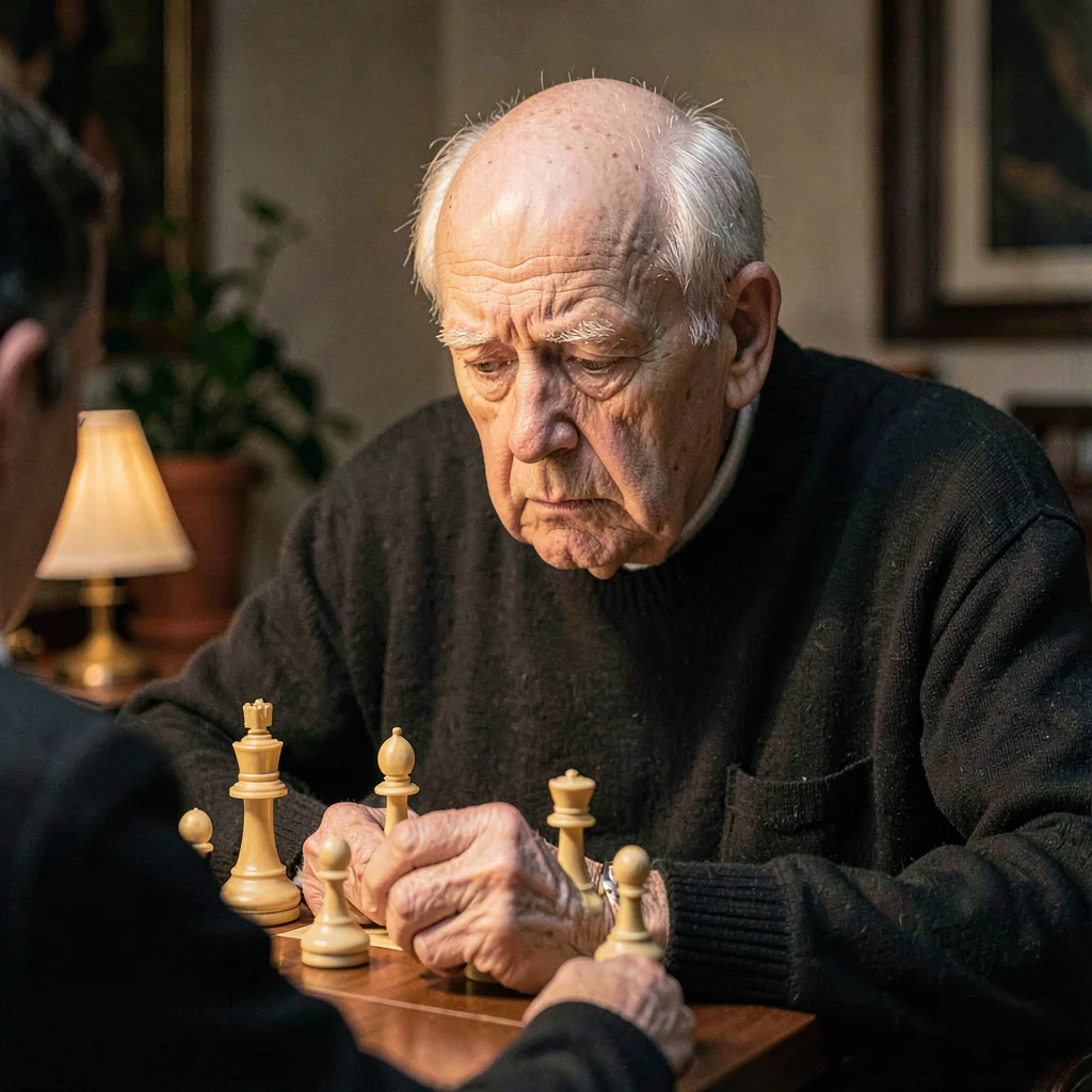 A sceptical white grandfather in his eighties evaluating a chess move, lamp-glow