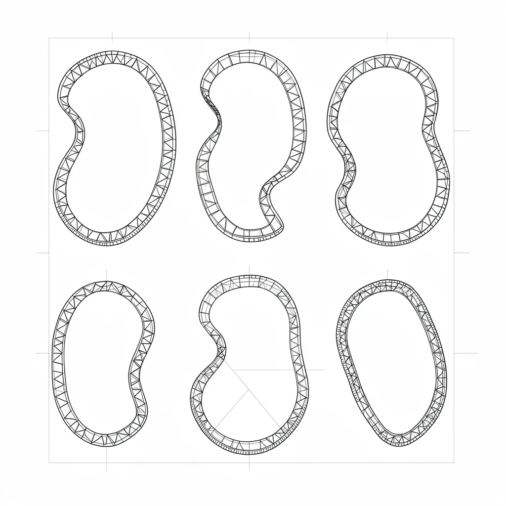 Diagram blueprint of three pond shapes deconstructed into curve geometry