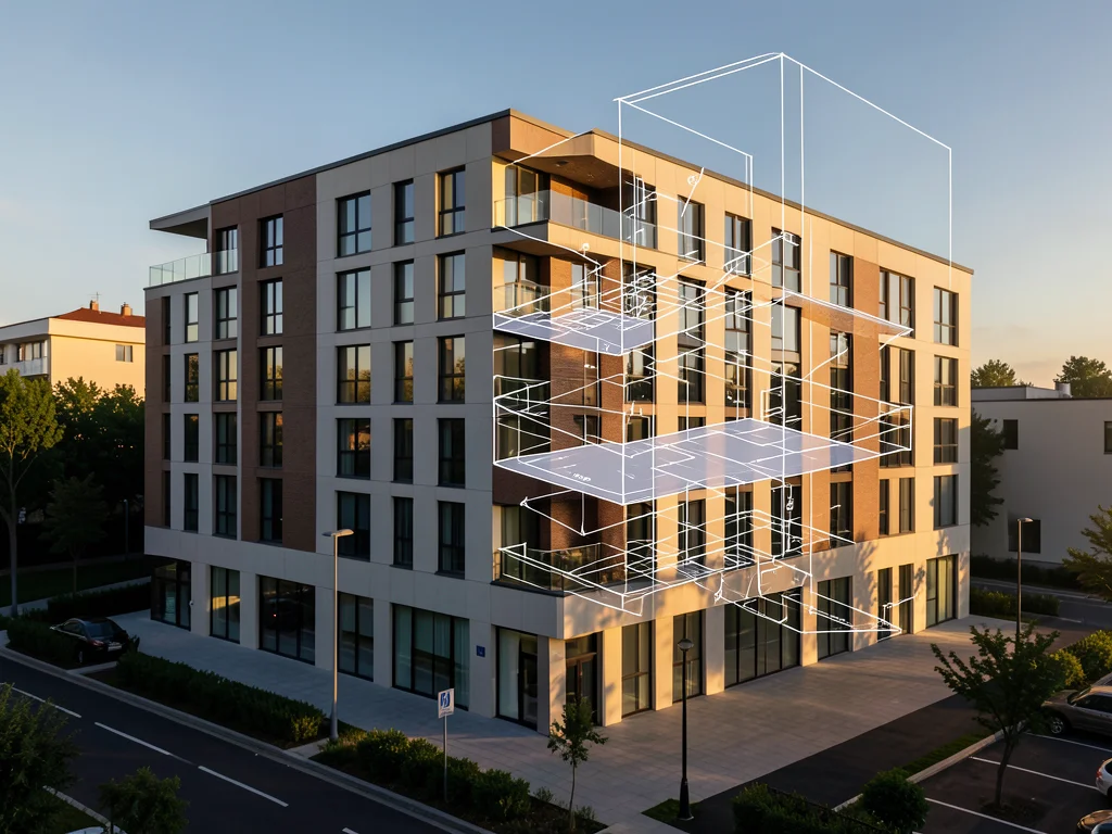 Modern building with one section shown as 3D exploded axonometric blueprint