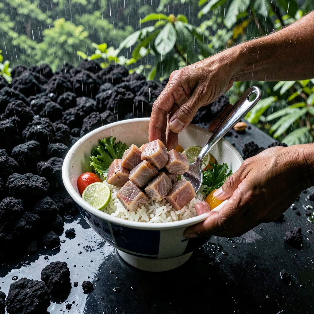 Stark black volcanic surfaces against verdant green, A poke bowl being assembled
