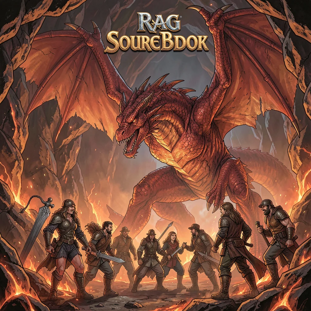 RPG sourcebook illustration, a party of adventurers facing a massive red dragon 