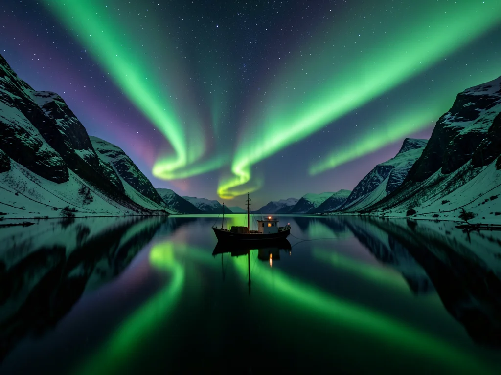 Aurora reflected in the still water of a Norwegian fjord, the green curtain appe