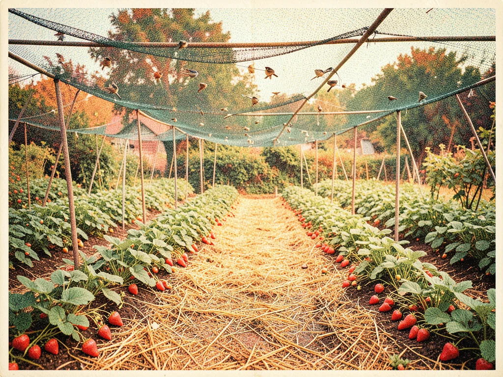 A strawberry patch with straw mulch between the rows and birds netting draped ov