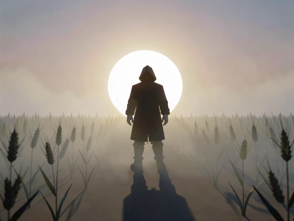 Lone hooded figure standing waist-deep in a misty wheat field at sunset, the sun