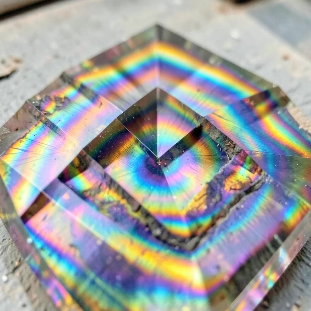 Bismuth crystal with rainbow oxidation layers, geometric staircase structure