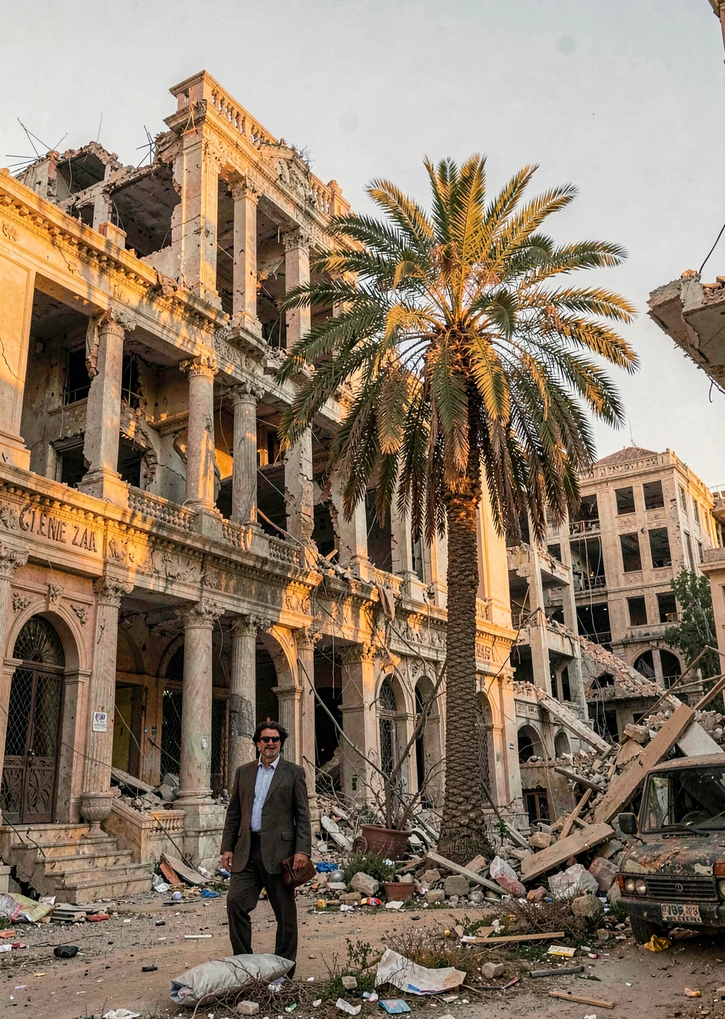 Mediterranean hard light on Beirut's wounded elegance, palm tree against bombed-
