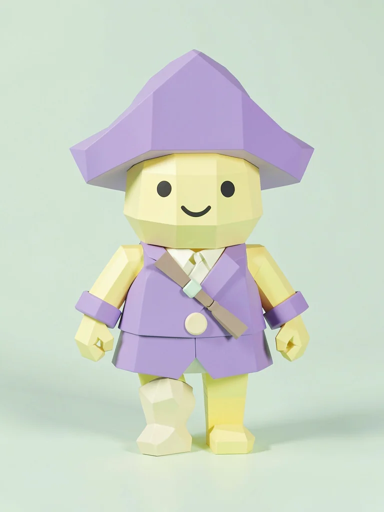 Hatted butter-yellow lowpoly pirate character with chunky lavender hat and a fac
