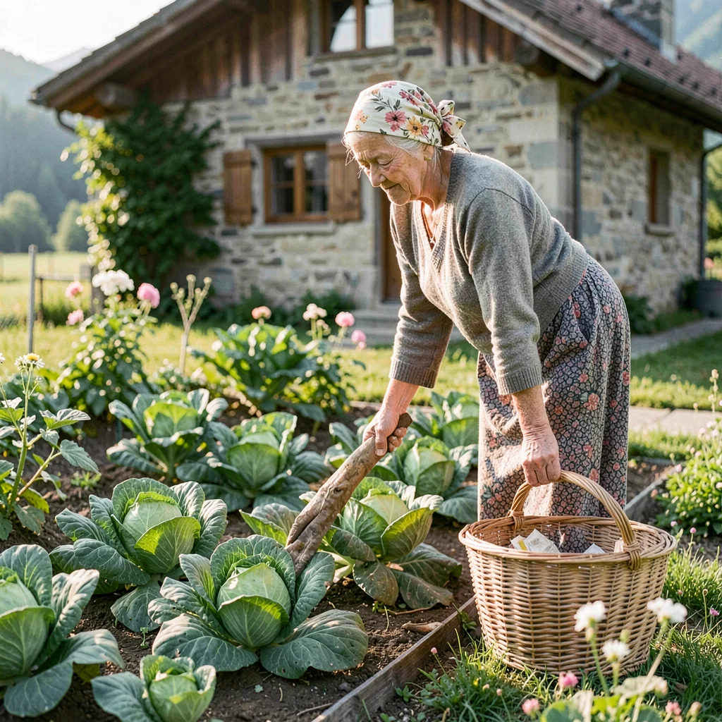 Fresh Alpine atmosphere, gentle pastoral quality, Elderly woman in headscarf ten