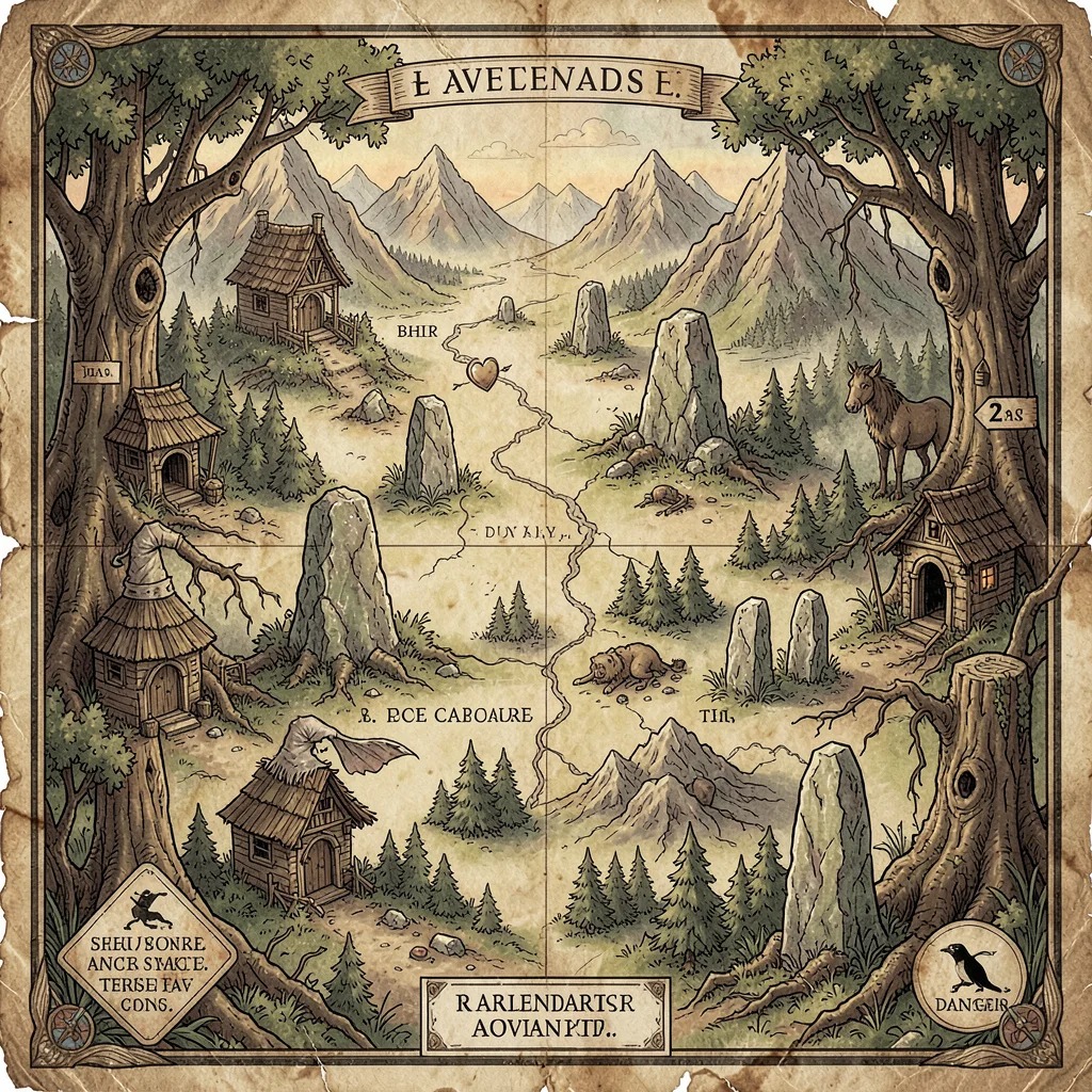 Fantasy map illustration, a haunted forest map with witch huts, standing stones,