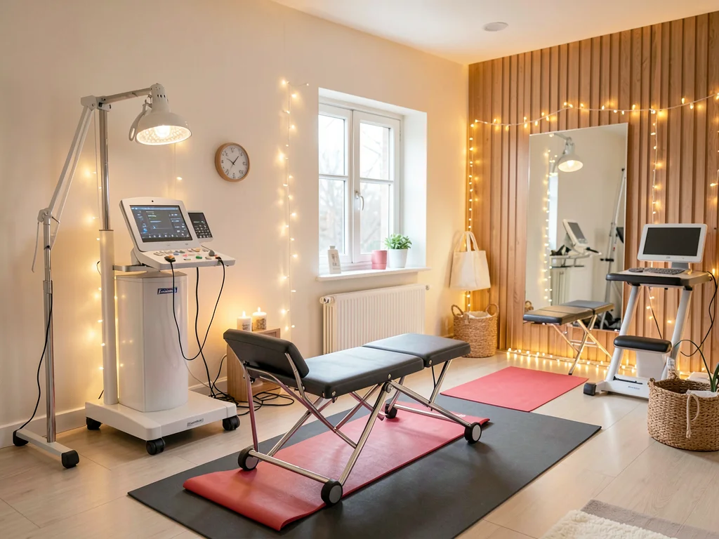 Physical therapy gym with yoga mats and fairy lights, clinical exercise made coz
