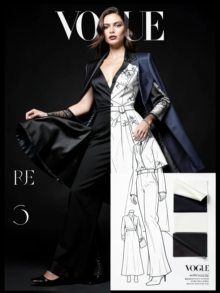 Model photograph where clothing transforms into fashion design sketch with fabri