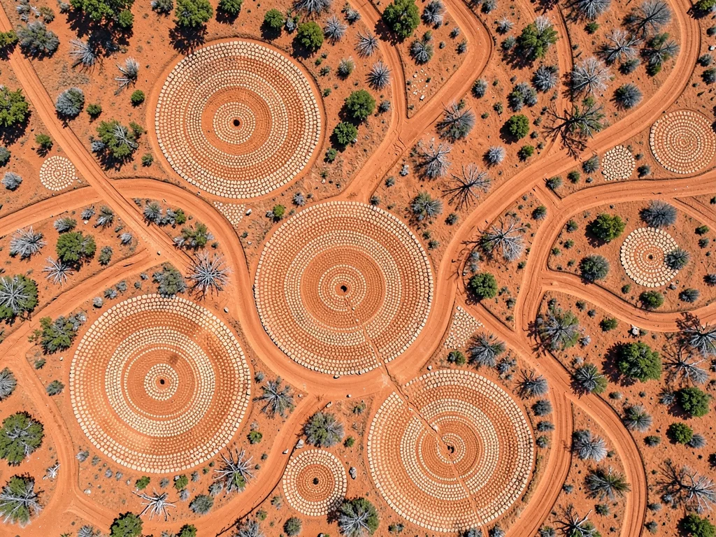Dried riverbed from above — branching channels like journey lines across terraco