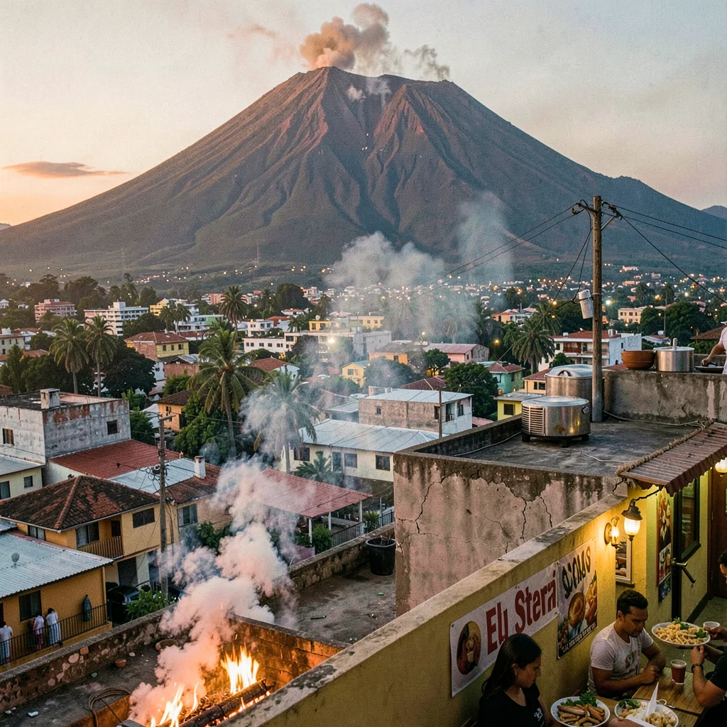 Pupusería golden hour in El Salvador, The Izalco volcano at dusk from a surf tow