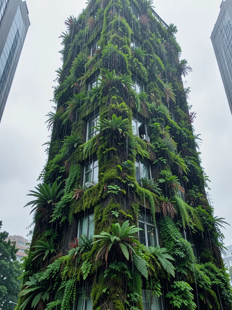 Skyscraper covered entirely in moss and ferns, windows peeking through greenery,