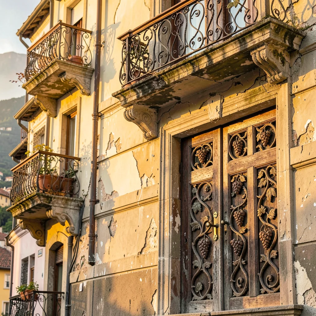 Crumbling Art Nouveau balconies in golden Tbilisi light, carved wooden door deta