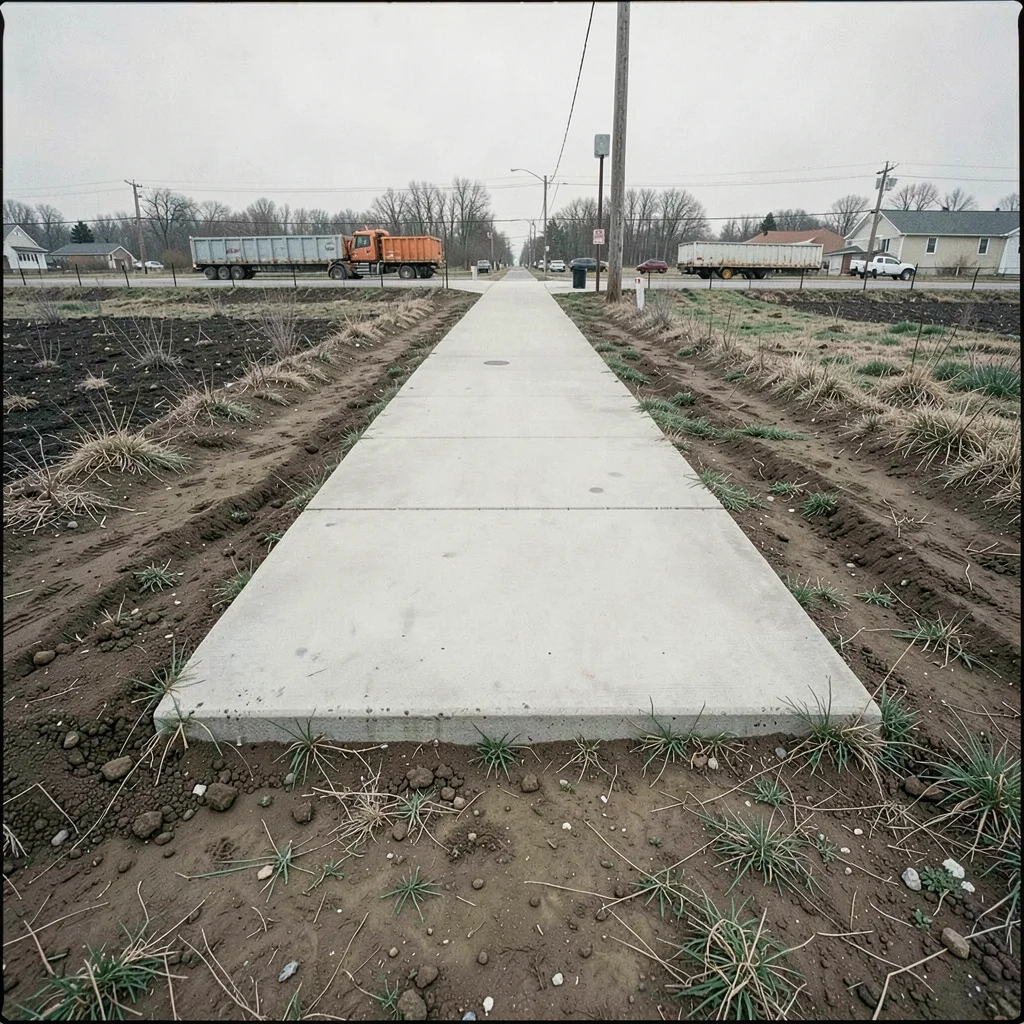 New concrete sidewalk ending abruptly at bare dirt — where development stops mid