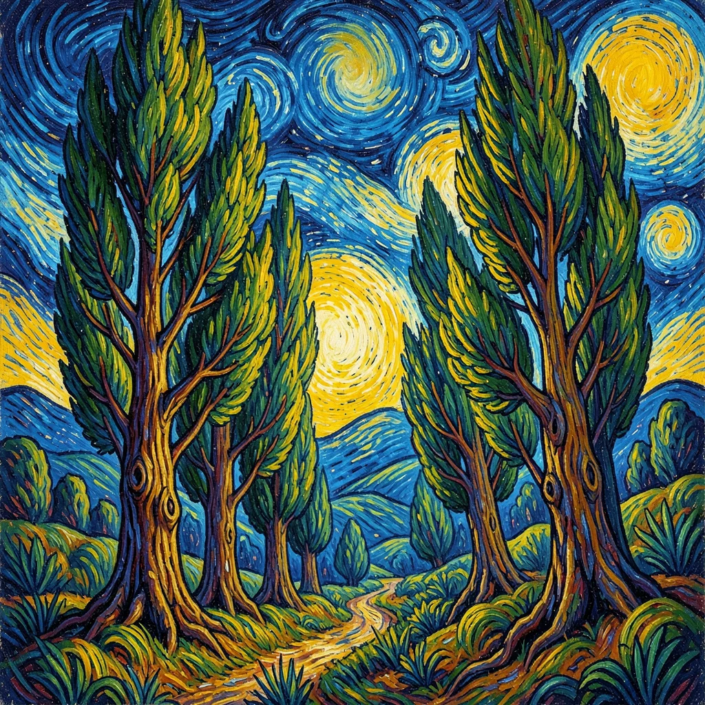 Post-impressionist Provençal intensity, emotional saturated color, Cypress trees