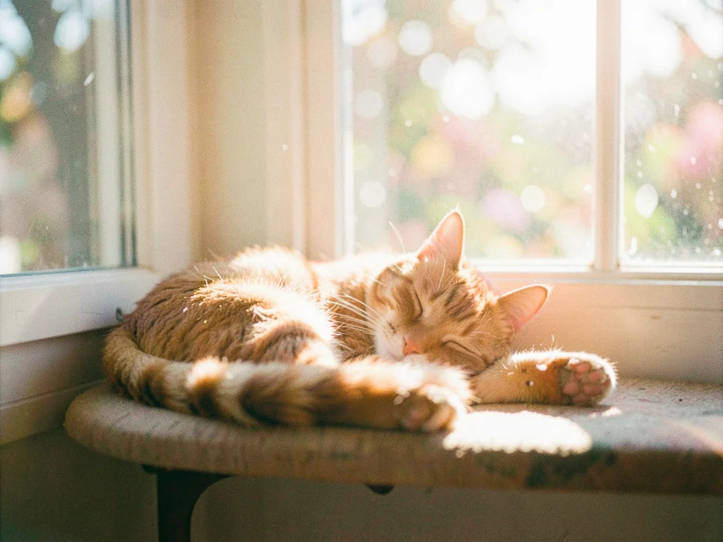 Cat sleeping in a sunny window seat