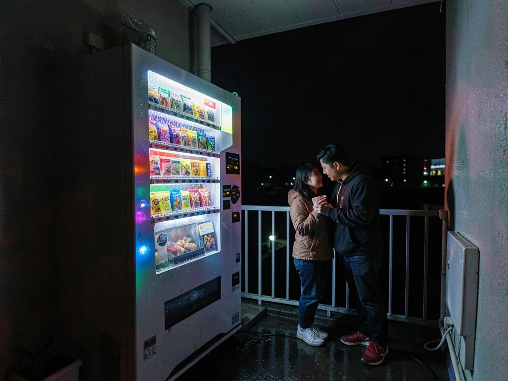 Couple sharing vending machine candy on motel balcony, the glow through curtains