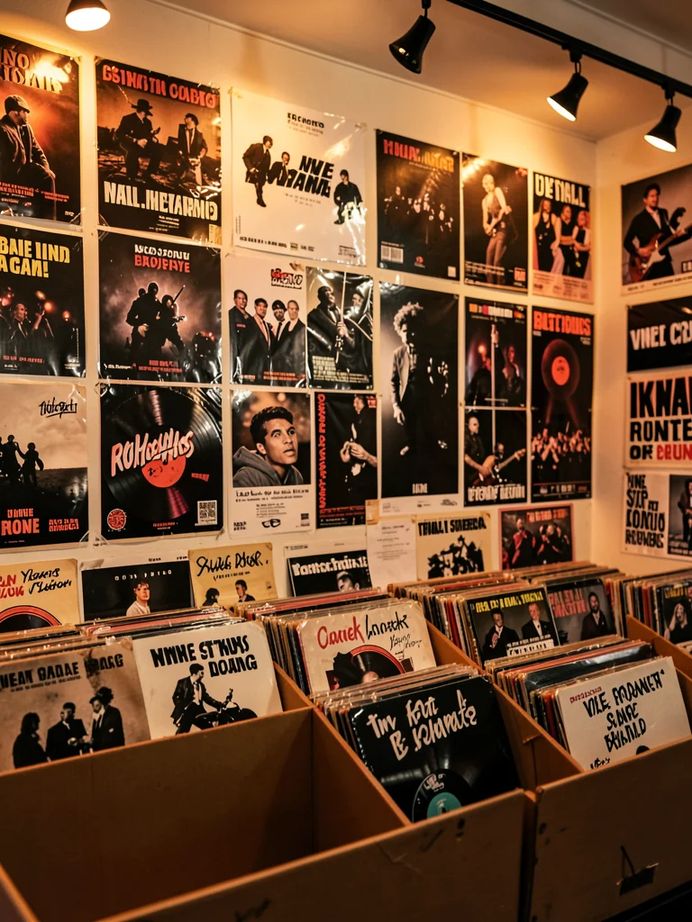 Layered concert flyer wall behind counter