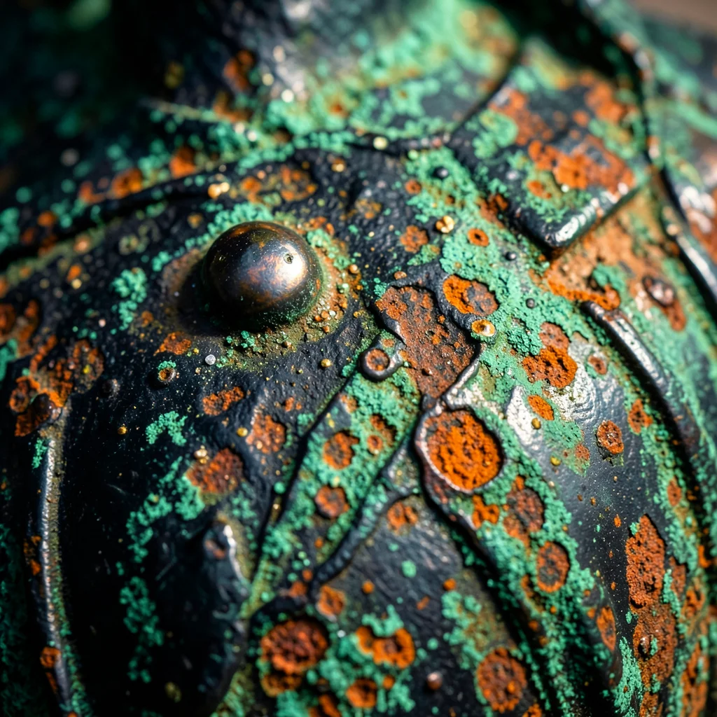 Bronze statue surface showing black-green patina with bright bronze showing thro