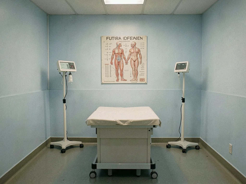Examination room with centered exam table, powder blue walls, anatomical chart h