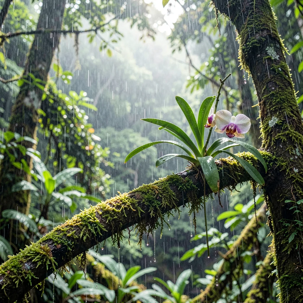 Monteverde cloud forest, filtered canopy light, Orchid growing from moss-covered