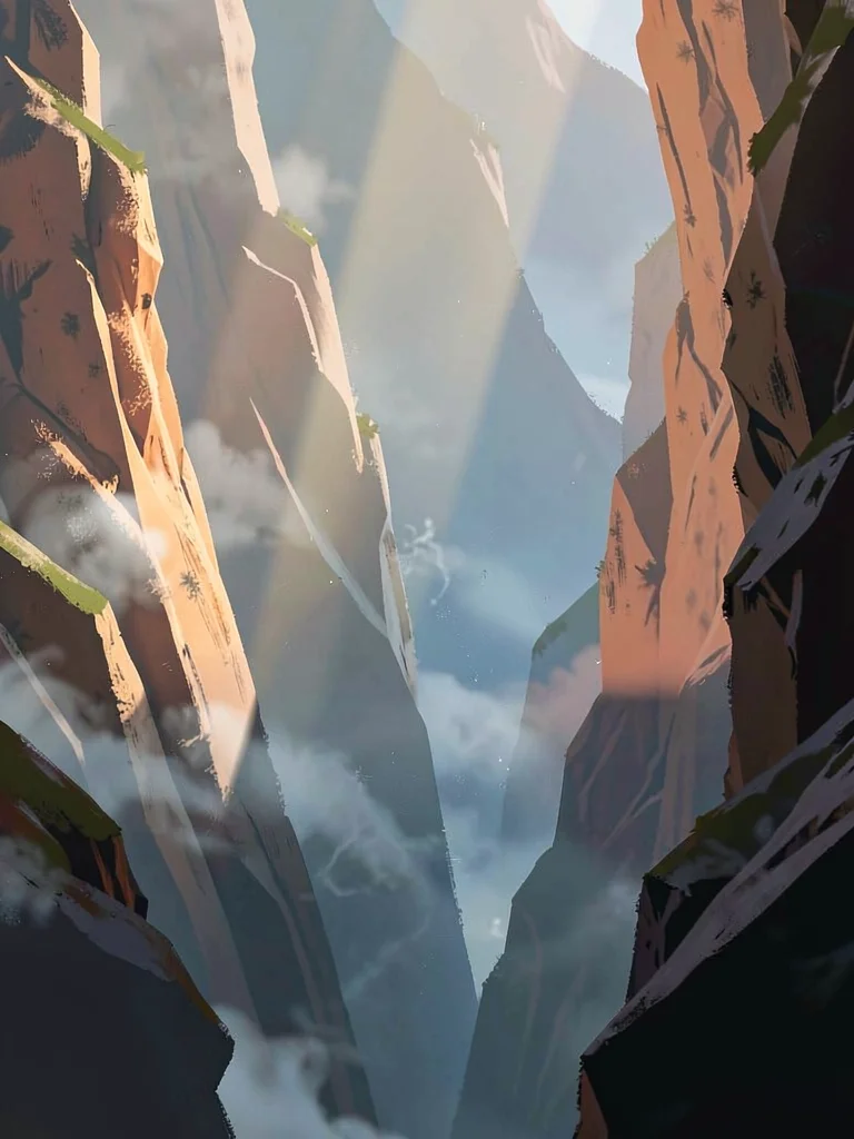 Dolomite gorge with a slim sunbeam through swirling mist, warm peach on cliff fa