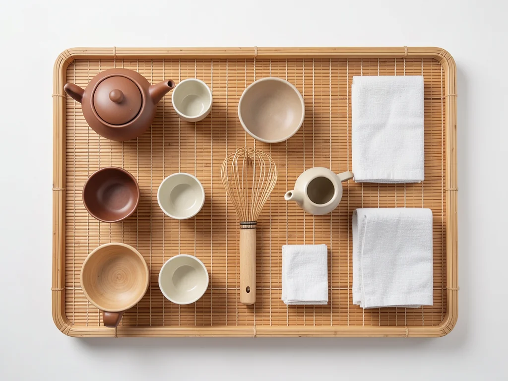 A tea ceremony set: teapot, cups, scoop, whisk, chakin cloth, all on a bamboo tr