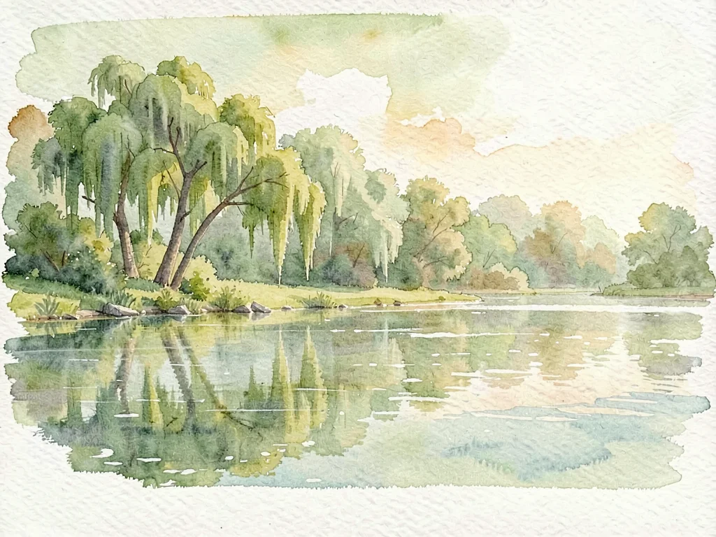 A painterly open expanse of slow water meets a far line of moss-draped trees und