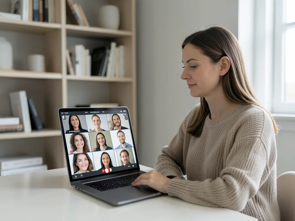 Woman on a video call, laptop screen showing a grid of faces, home office with b