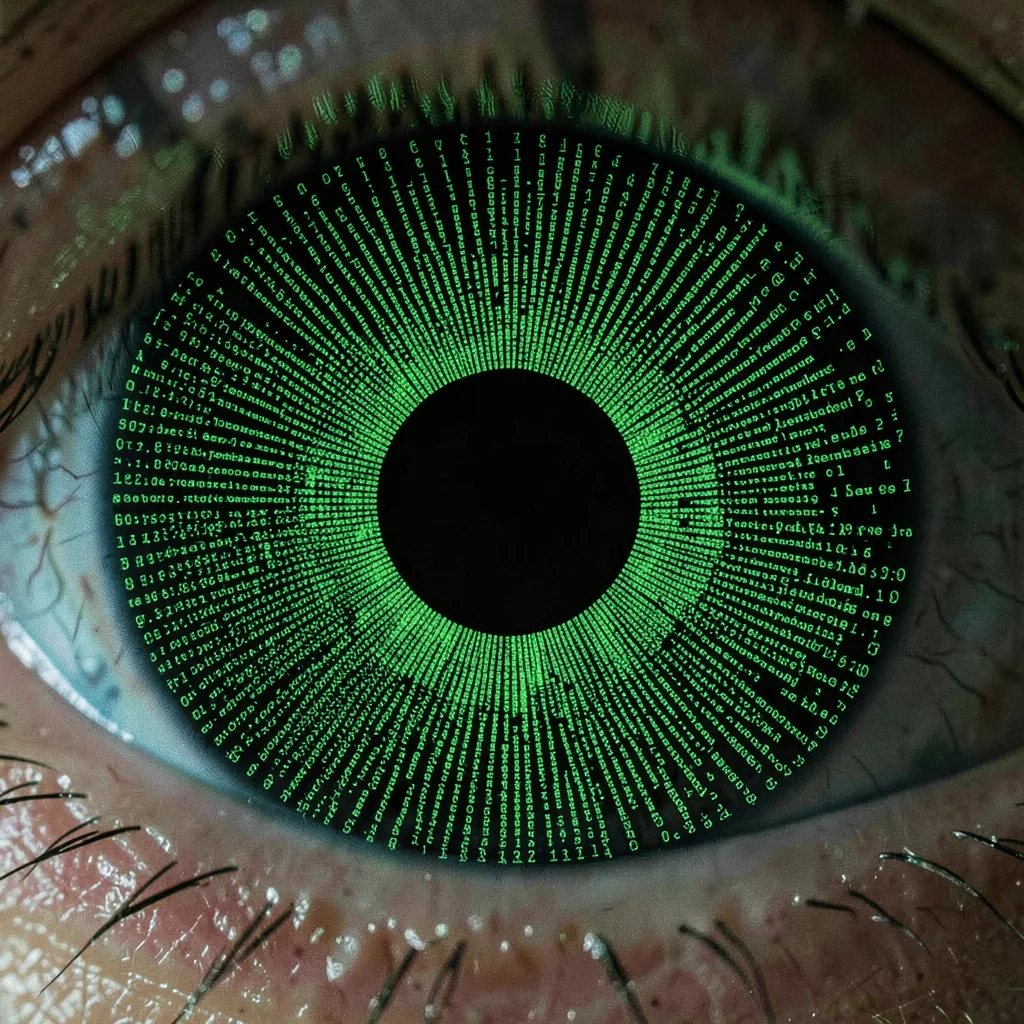 A human eye extreme close-up in ASCII, the iris a radiating fan of character den
