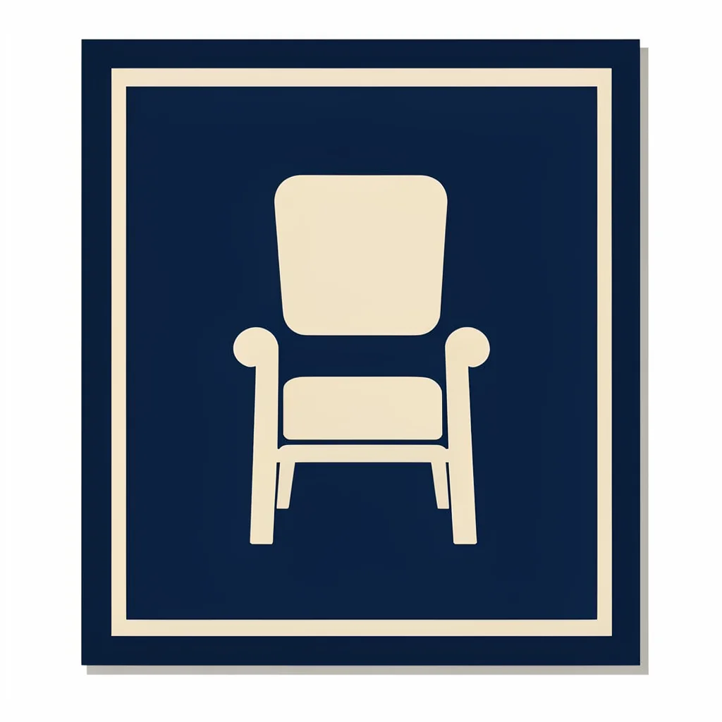 Bold blockcolor og card of a rug with a chair silhouette in flat planes, navy an