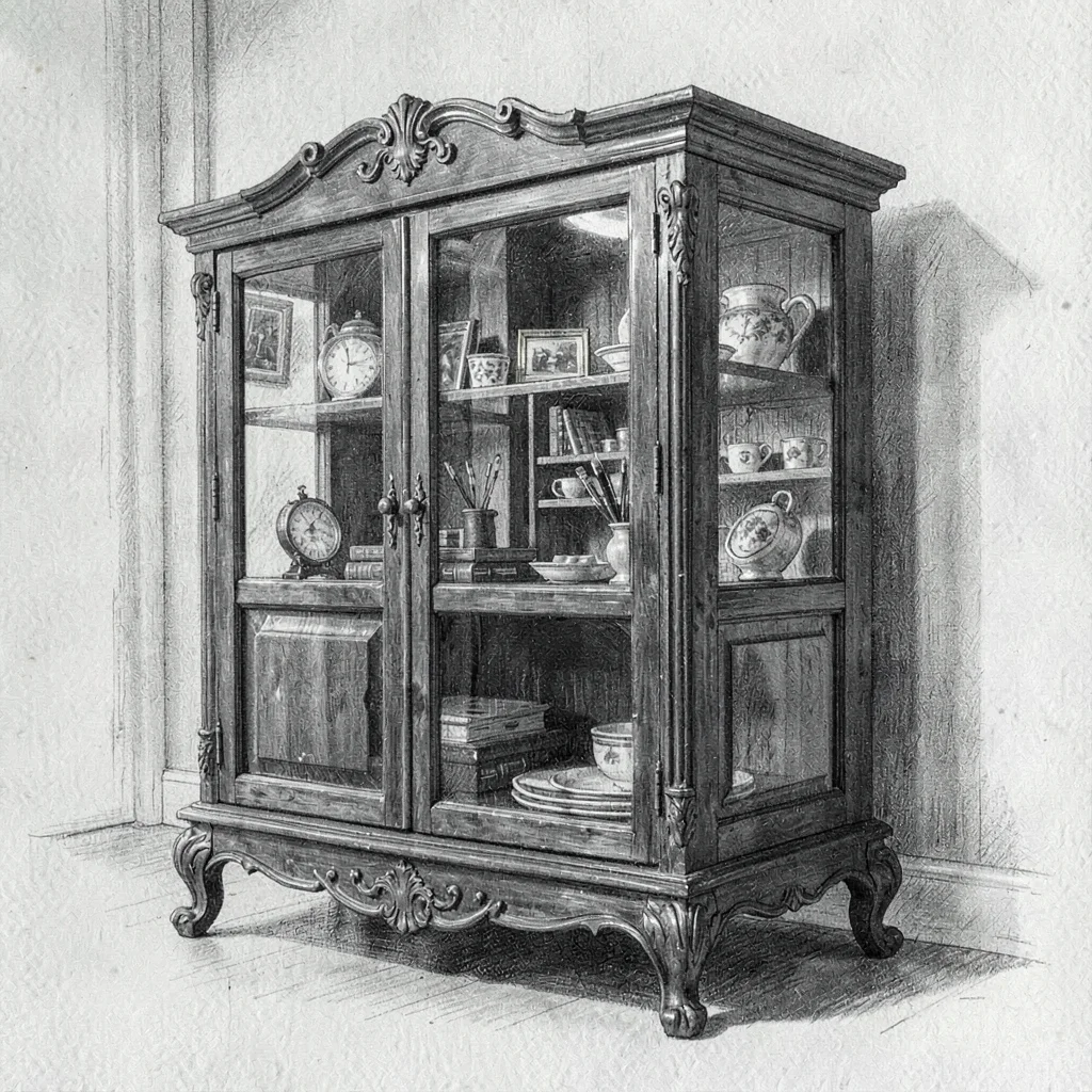 Charcoal study of an antique vitrine reflecting the pen-shop interior, archival 