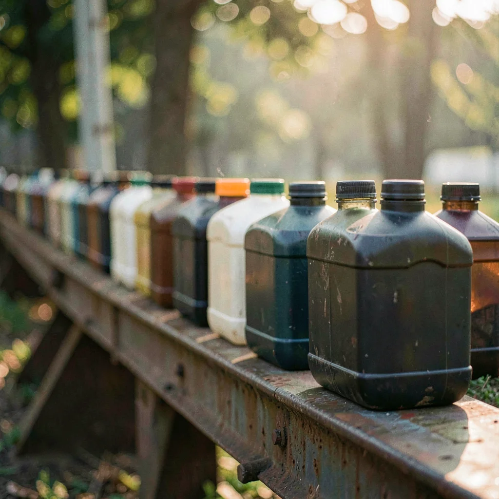 Atmospheric scene of a row of bidons lined up on a metal rail