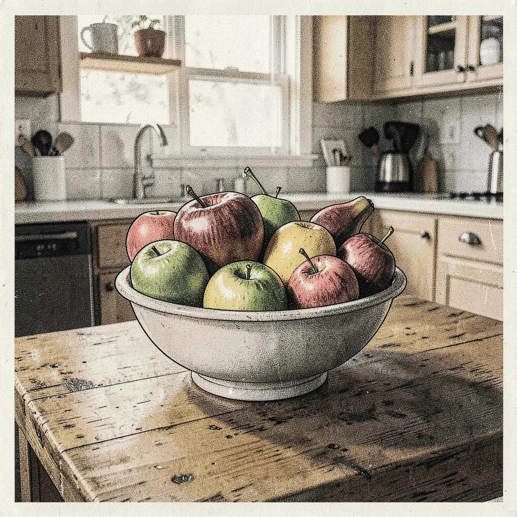 Risograph-style illustration, fruit bowl on kitchen table , spot color layer sim