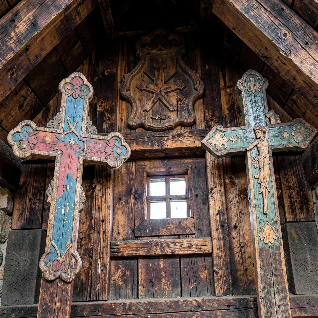 Maramures wooden craft, hand-carved church detail, Wooden painted cemetery cross