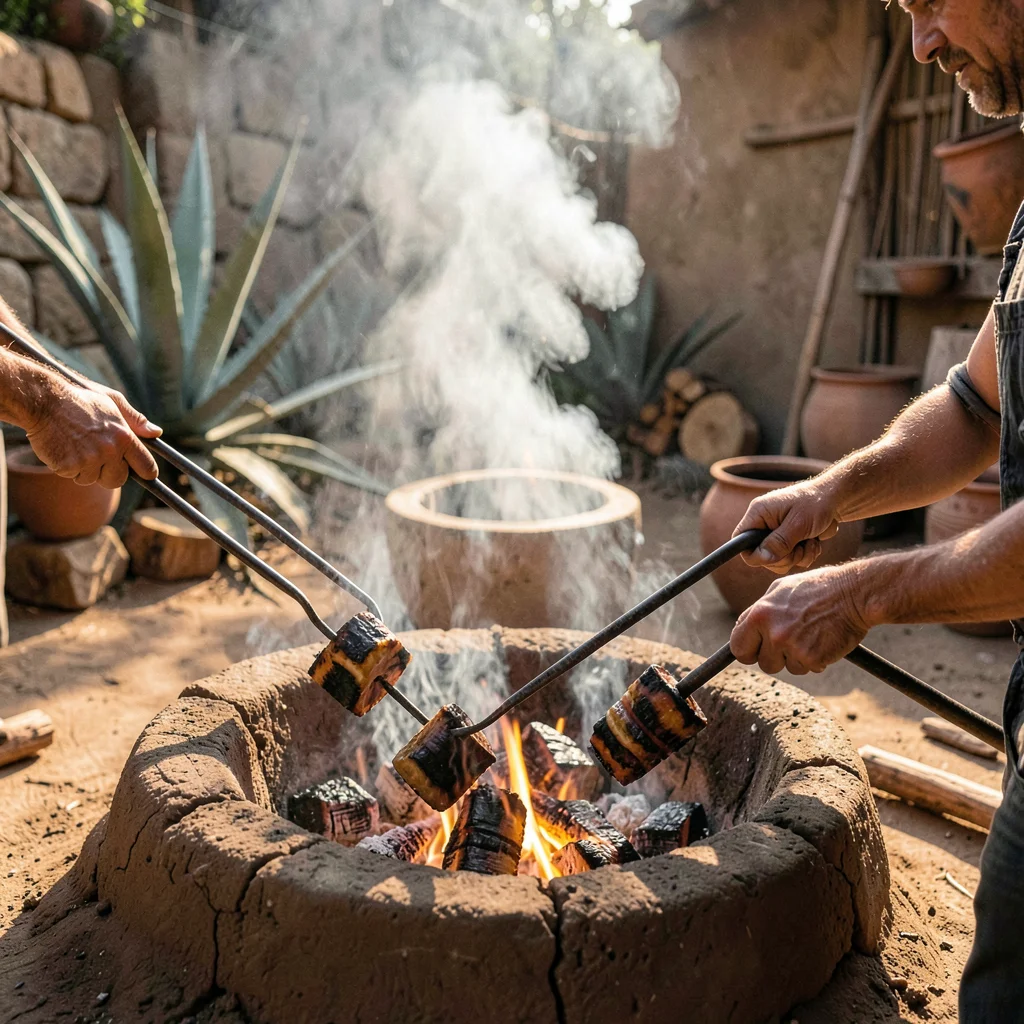 Oaxacan mezcal process, palenque atmosphere, Charred agave hearts being pulled f