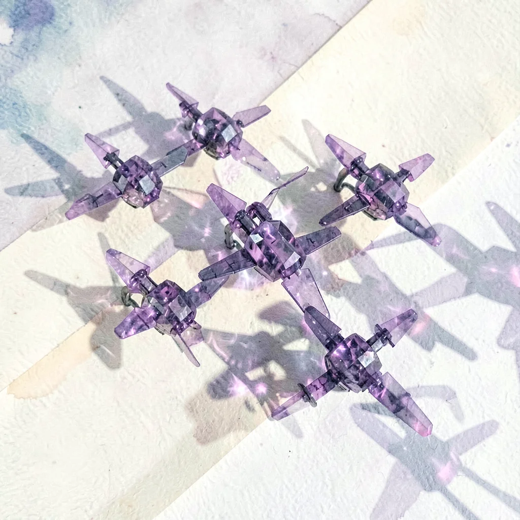 Cluster of amethyst lowpoly drones hovering in a tight formation with violet fac