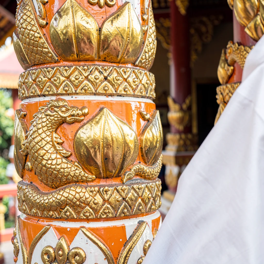 Lanna temple detail, Chiang Mai sacred ornament, lotus bud carving in gold lacqu