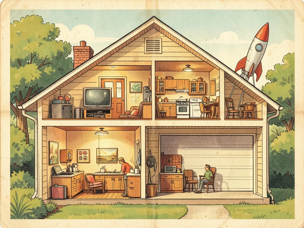 A suburban house cross-section showing all rooms: TV room, kitchen with gadgets,