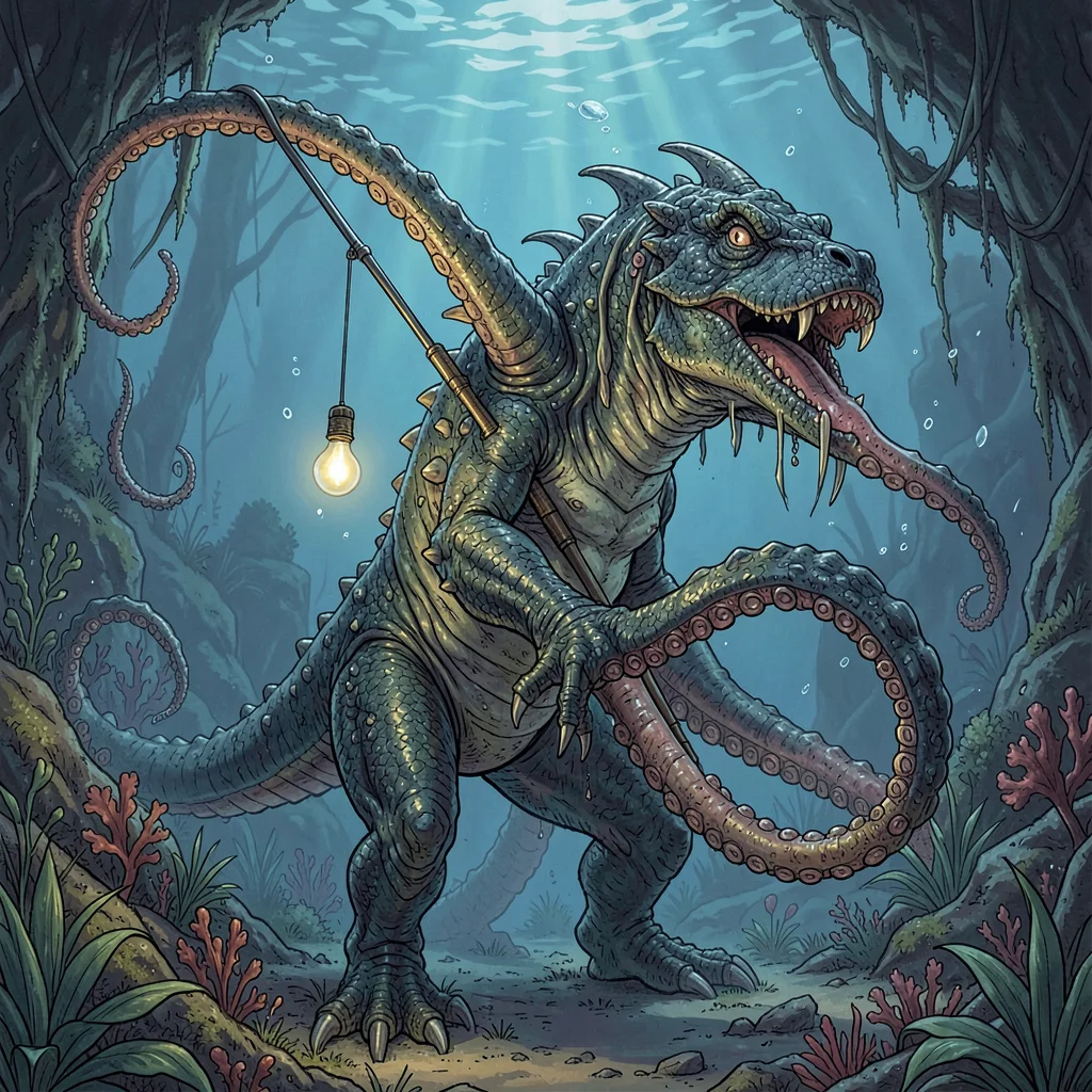 Fantasy creature illustration, a deep sea leviathan with angler light and crushi